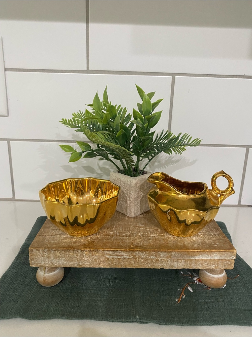 Gold Ceramic Sugar Bowl and Creamer Set